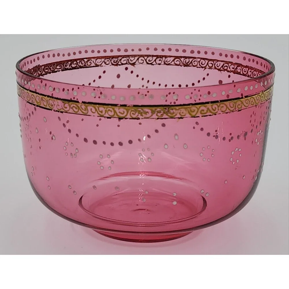 Vintage Cranberry & Gold Art Glass Bowl with Raised Enamel Floral Decorations